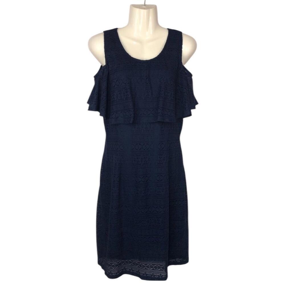 Octavia Woman’s Dress Cold Shoulder Lined Pull Over Lace Stretchy Cape